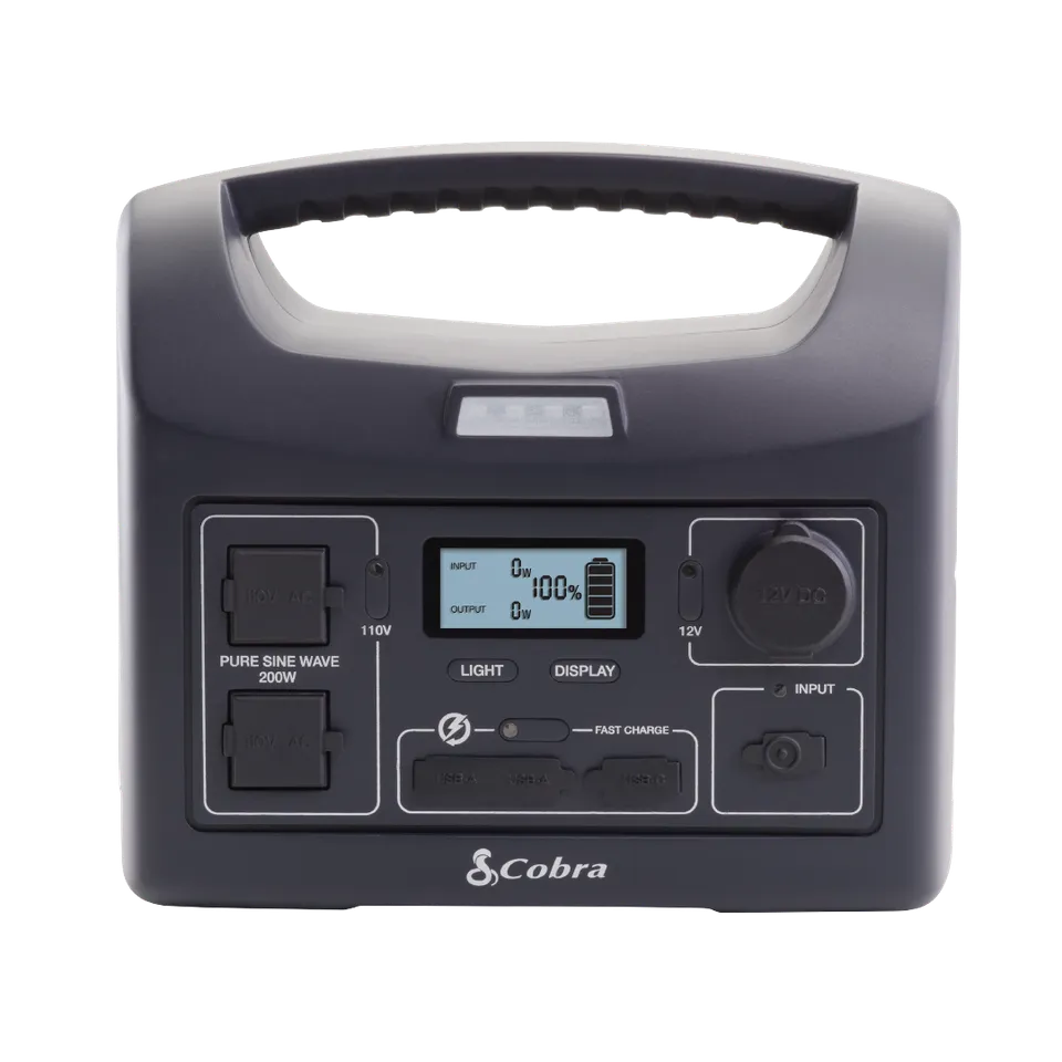 cobra-portable-power-station-200w-with-pure-sine-wave-ac-outlets-solar-rechargea image 1