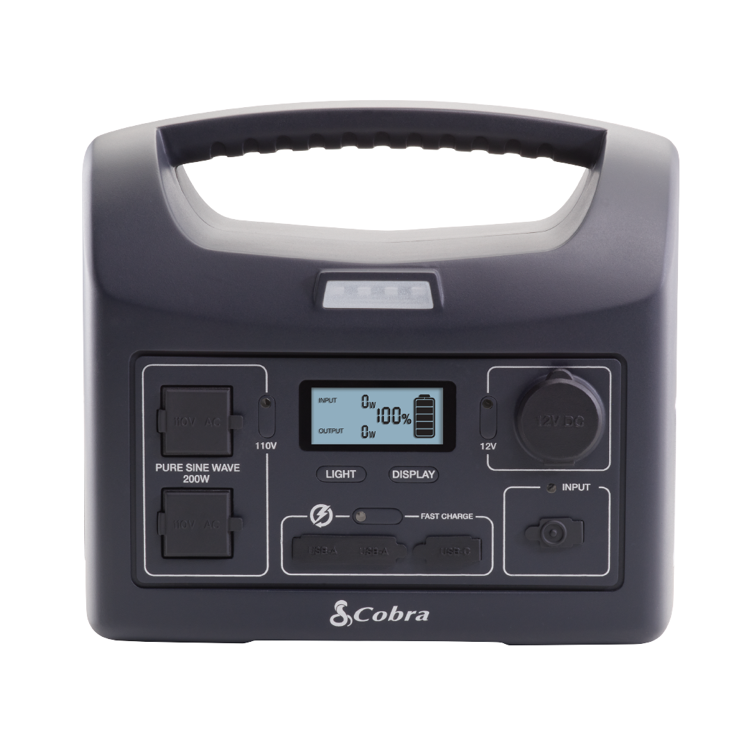 cobra-portable-power-station-200w-with-pure-sine-wave-ac-outlets-solar-rechargea image 1